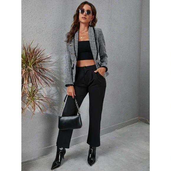 Raw Trim Double Breasted Blazer plaid tweed gray black - Picture 5 of 6